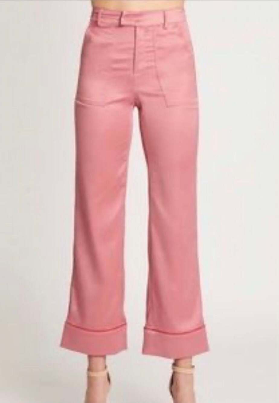 Choosy Pink satin Wide-Leg Trousers. red detail on the bottom. Size 0